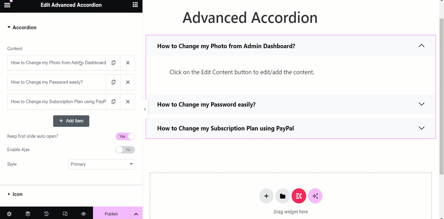 Editar el contenido del widget de acordeón avanzado de ElementsKit