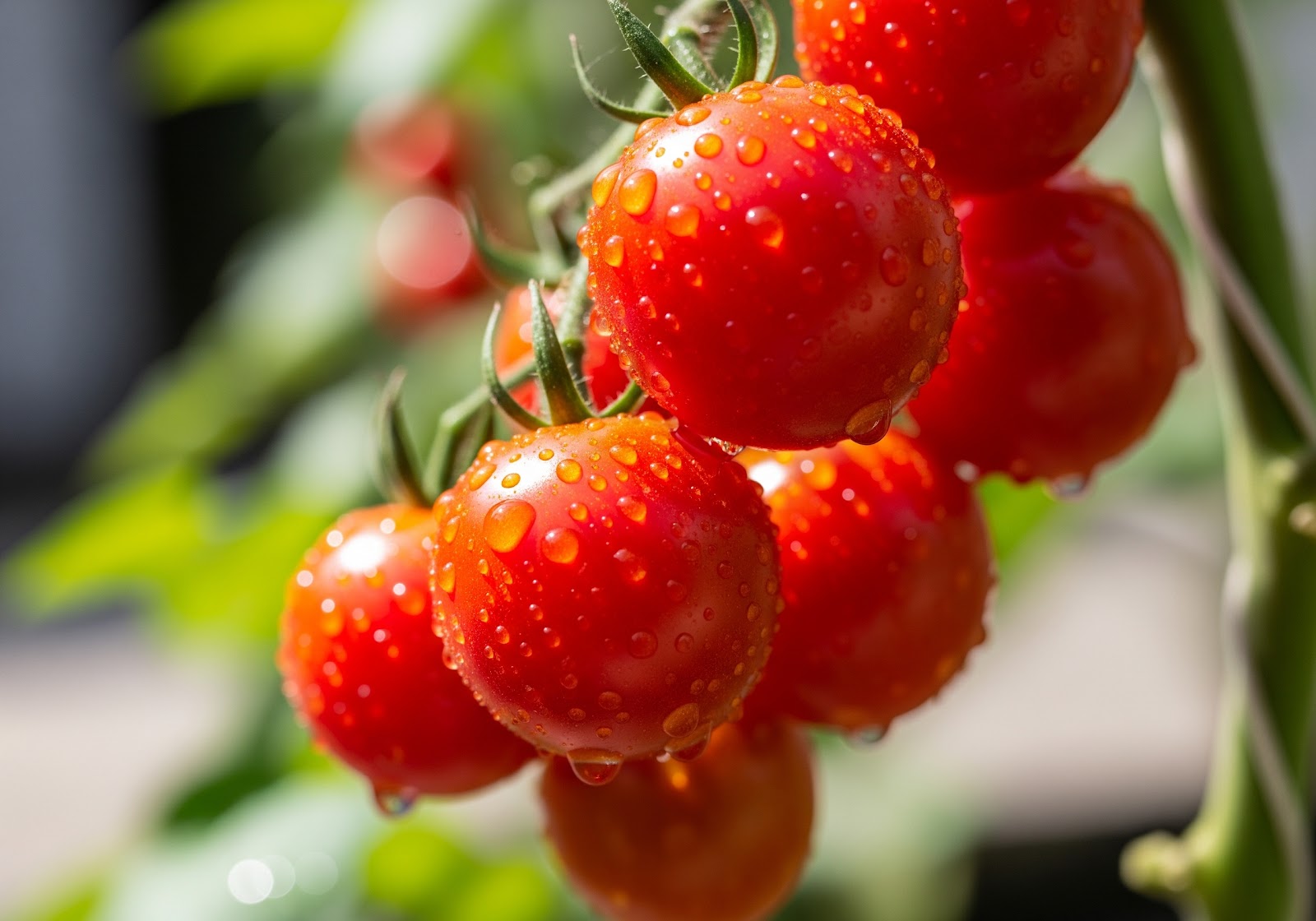 Um close-up de tomates cereja vermelhos vibrantes pendurados em um pequeno pé, com gotas de água visíveis.