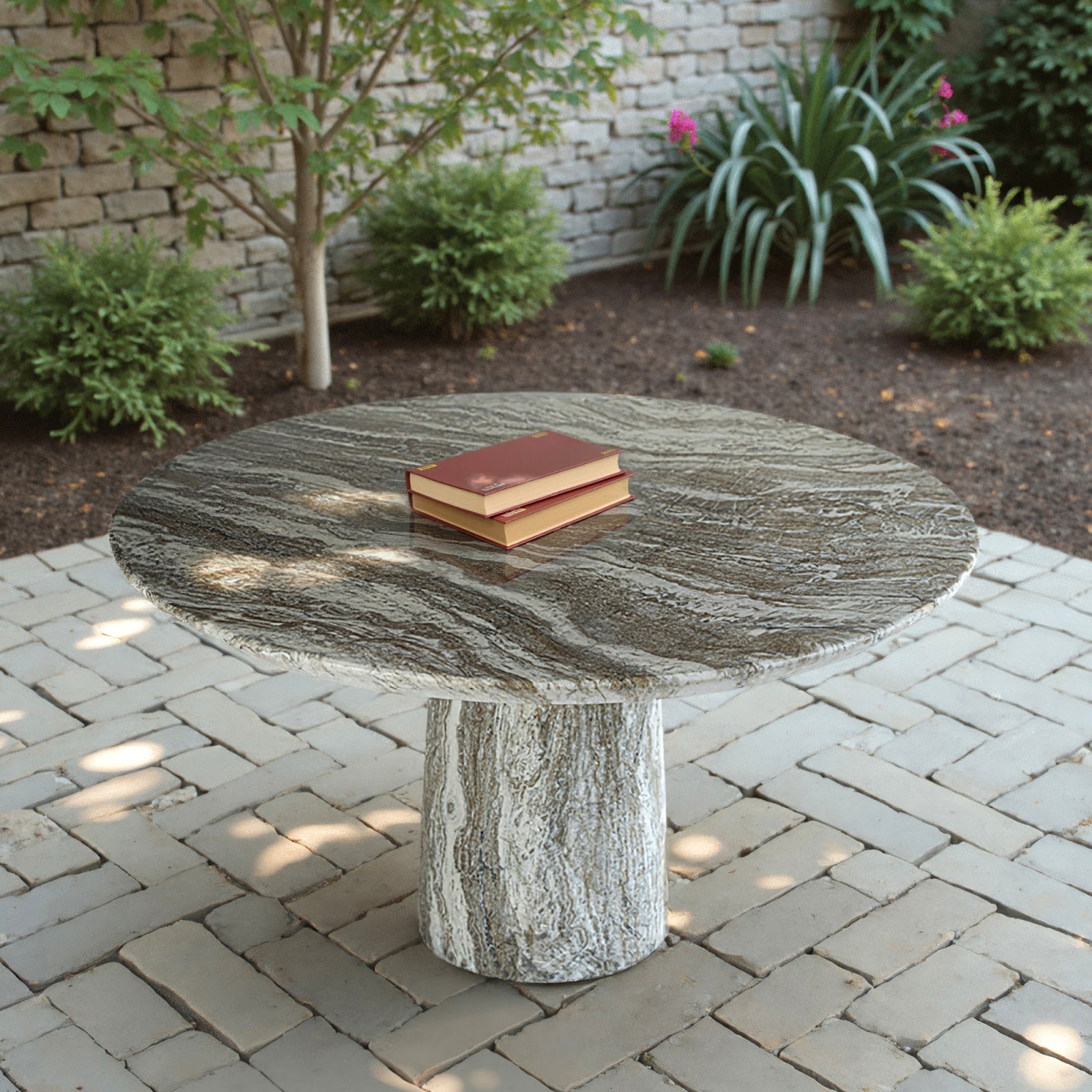 Grover Outdoor Faux Marble Dining Table with a round travertine-style top and cylindrical pedestal base, placed on a stone patio—perfect for alfresco dining or entertaining with sculptural elegance and weather-resistant performance.