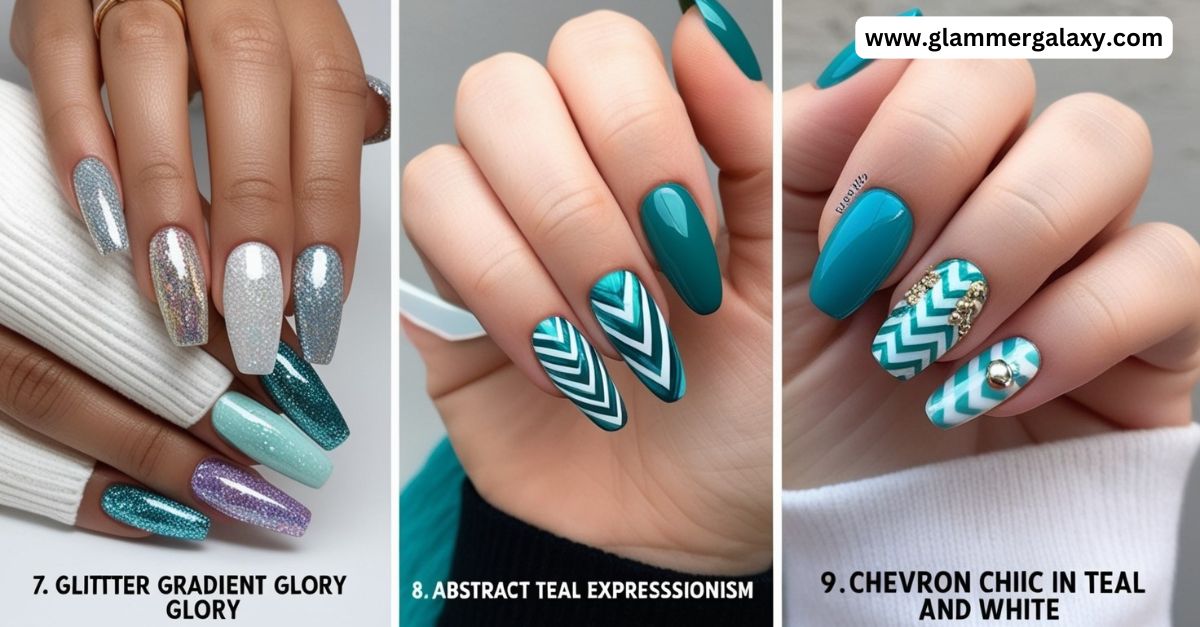 Three sets of hands with different teal nail art designs