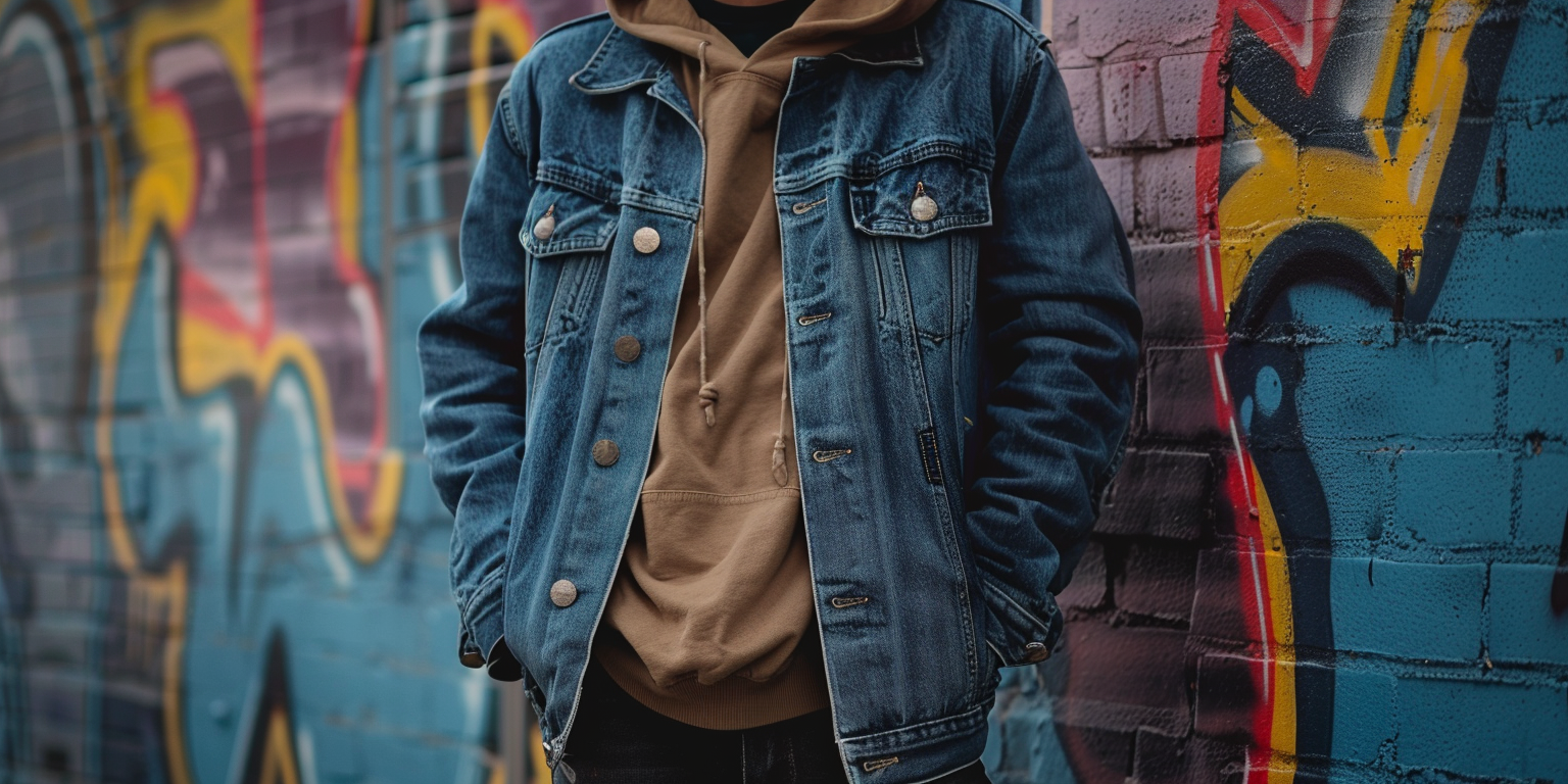 a man in a classic blue denim jacket over a hoodie, paired with black jeans, standing against a graffiti wall, laid-back streetwear vibe, soft daylight