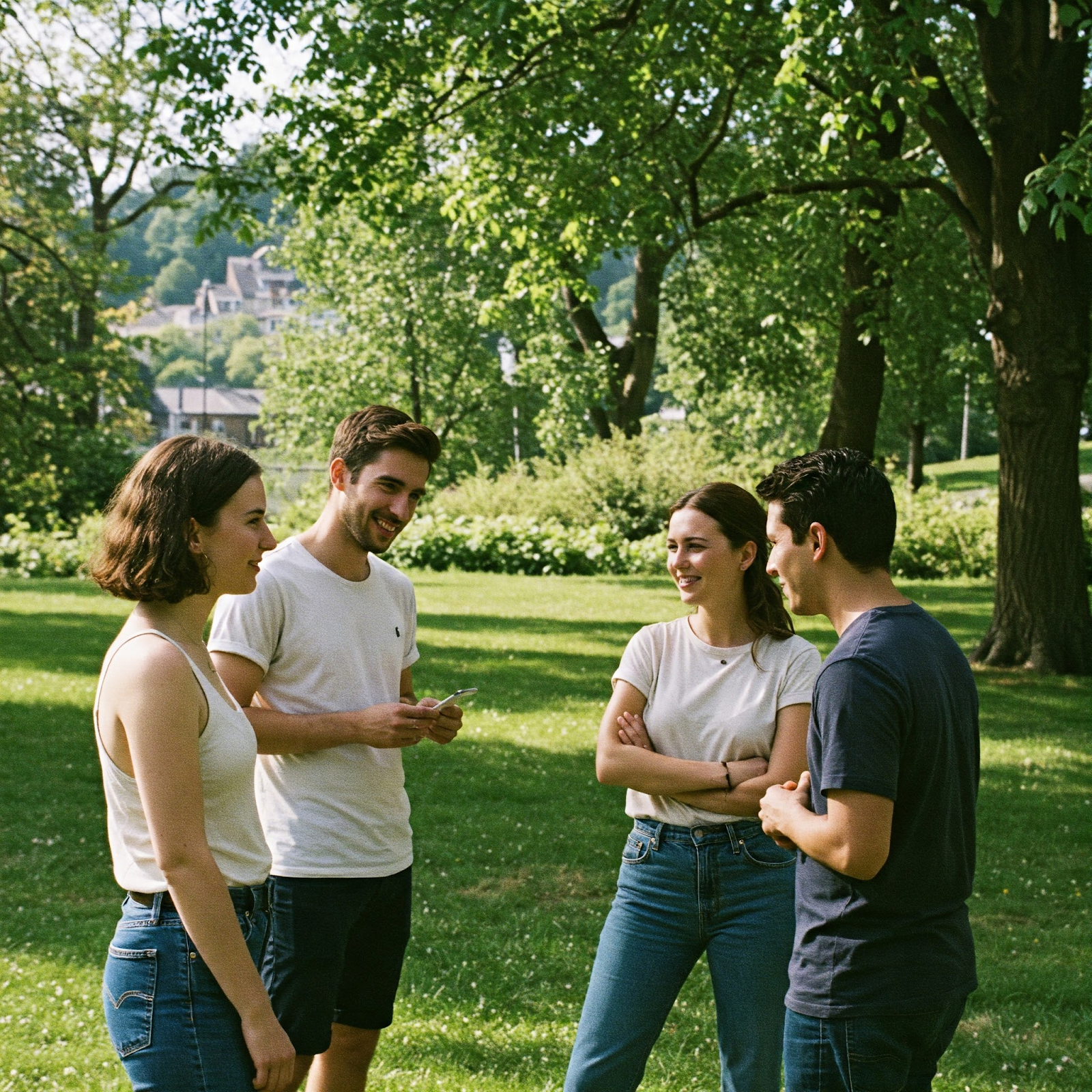 Friends gathering in circle and speaking to each other.