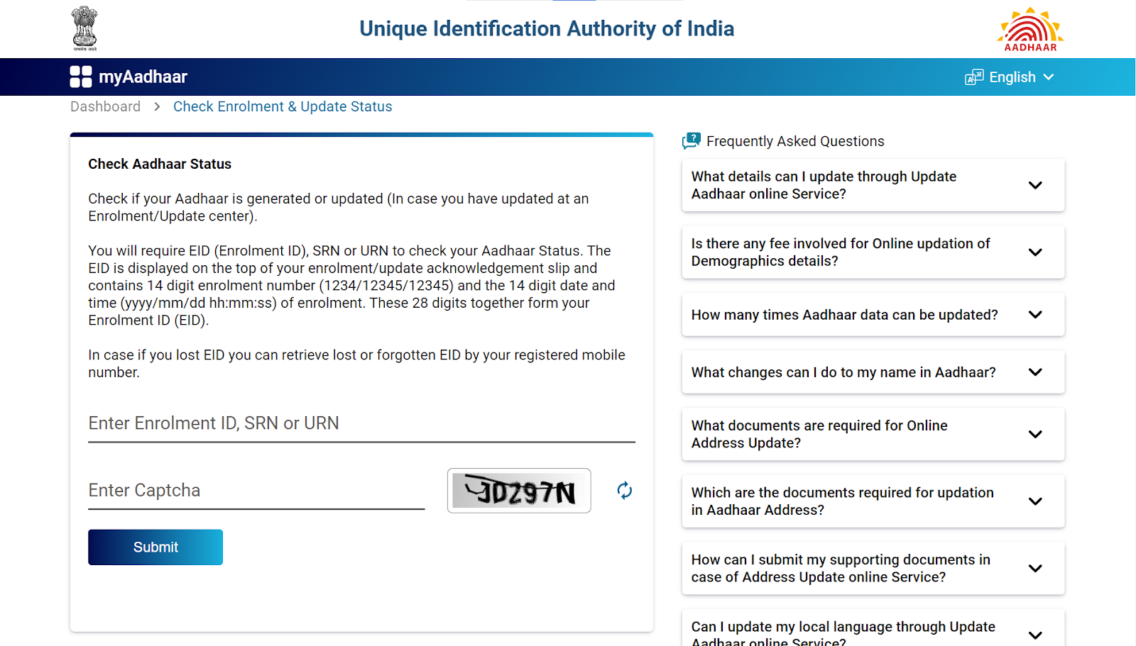 Aadhaar status update check