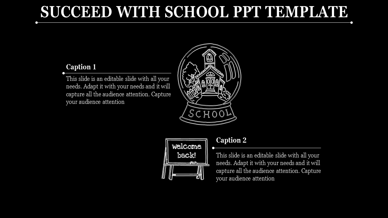 Black and white school-themed PPT slide with chalk-style icons of a school building and a 'welcome back' blackboard.