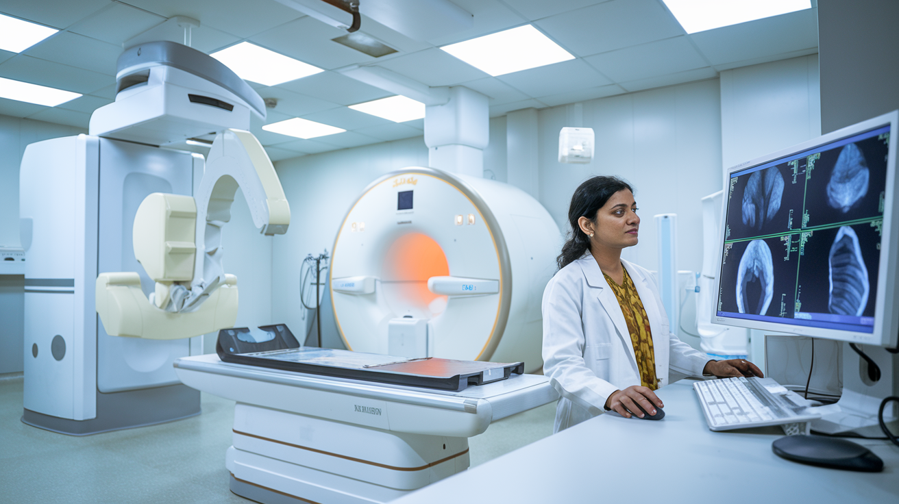 Create a realistic image of a modern medical laboratory in Lucknow, India, with advanced diagnostic equipment for osteoporosis and osteoarthritis, including a DEXA scanner and MRI machine. Show a middle-aged Indian female doctor in a white coat examining x-ray images on a computer screen. The room should have bright, clinical lighting and clean, sterile surfaces.