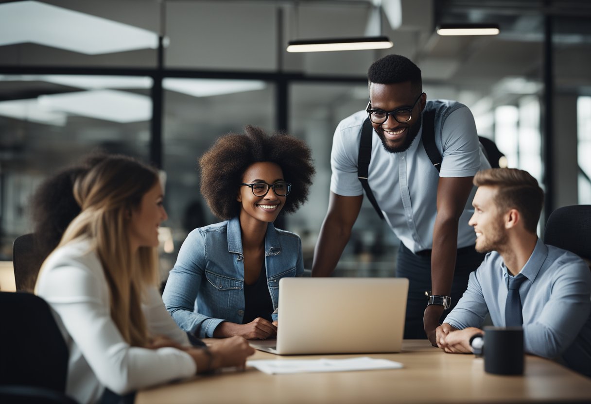 A group of diverse employees collaborate in a modern office setting, brainstorming and sharing ideas in a creative and innovative environment