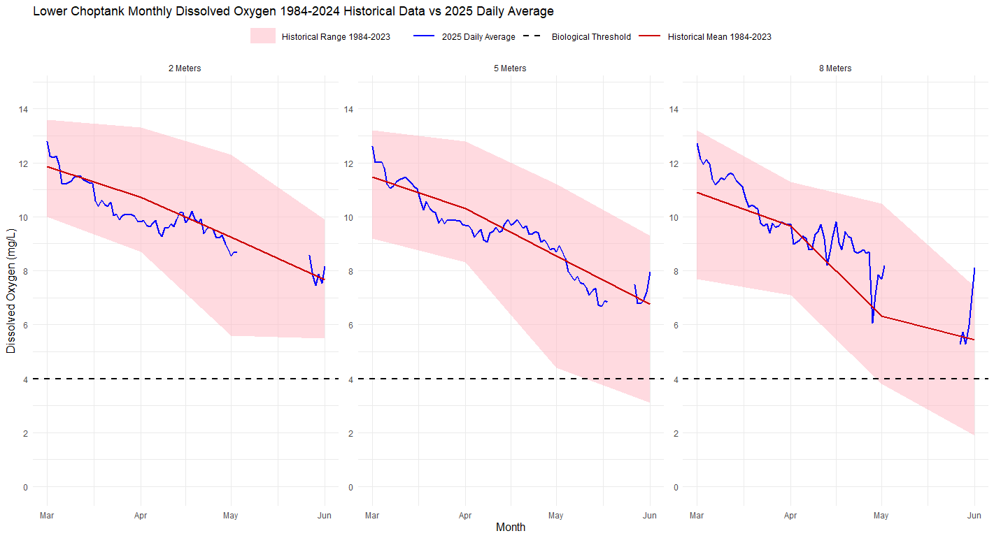 Graph of dissolved oxygen levels at three depths in the Lower Choptank river from March through May 2025