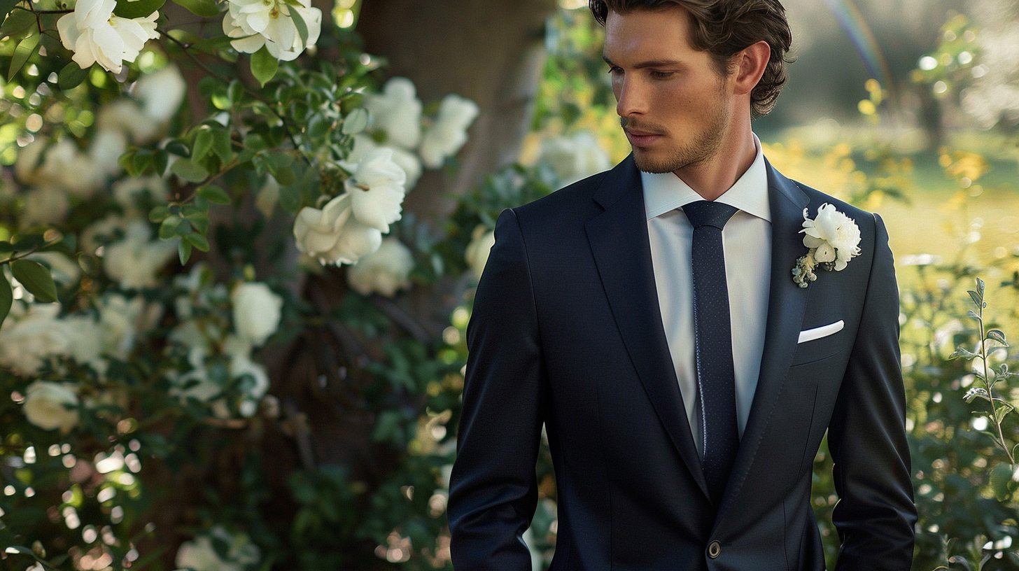 A man wearing a classic two-piece wedding suit with matching jacket and trousers, styled in navy or charcoal, crisp white shirt, simple tie, perfect for a semi-formal wedding setting. Timeless and elegant.