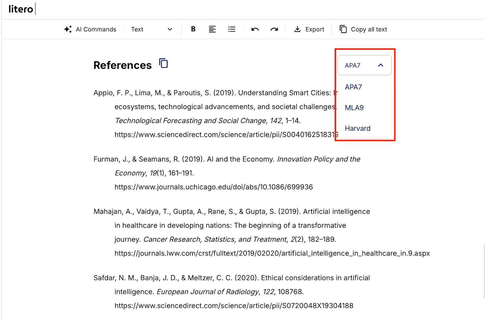 Litero AI has feature that creates in-text citations and a reference page