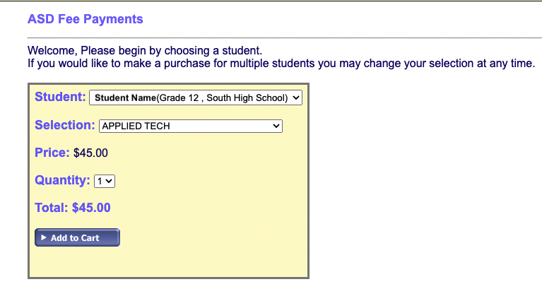 This image displays the ASD Fee Payments window.