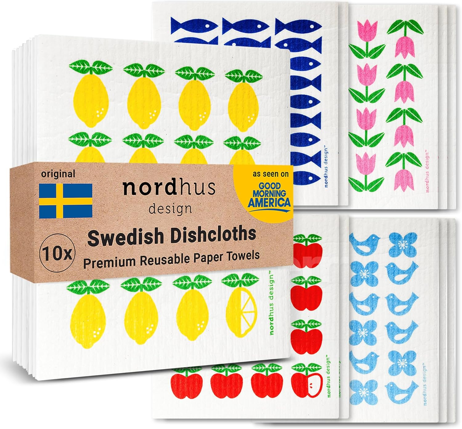 Colorful Swedish dishcloths with fruit and floral patterns, a reusable eco-friendly alternative to paper towels