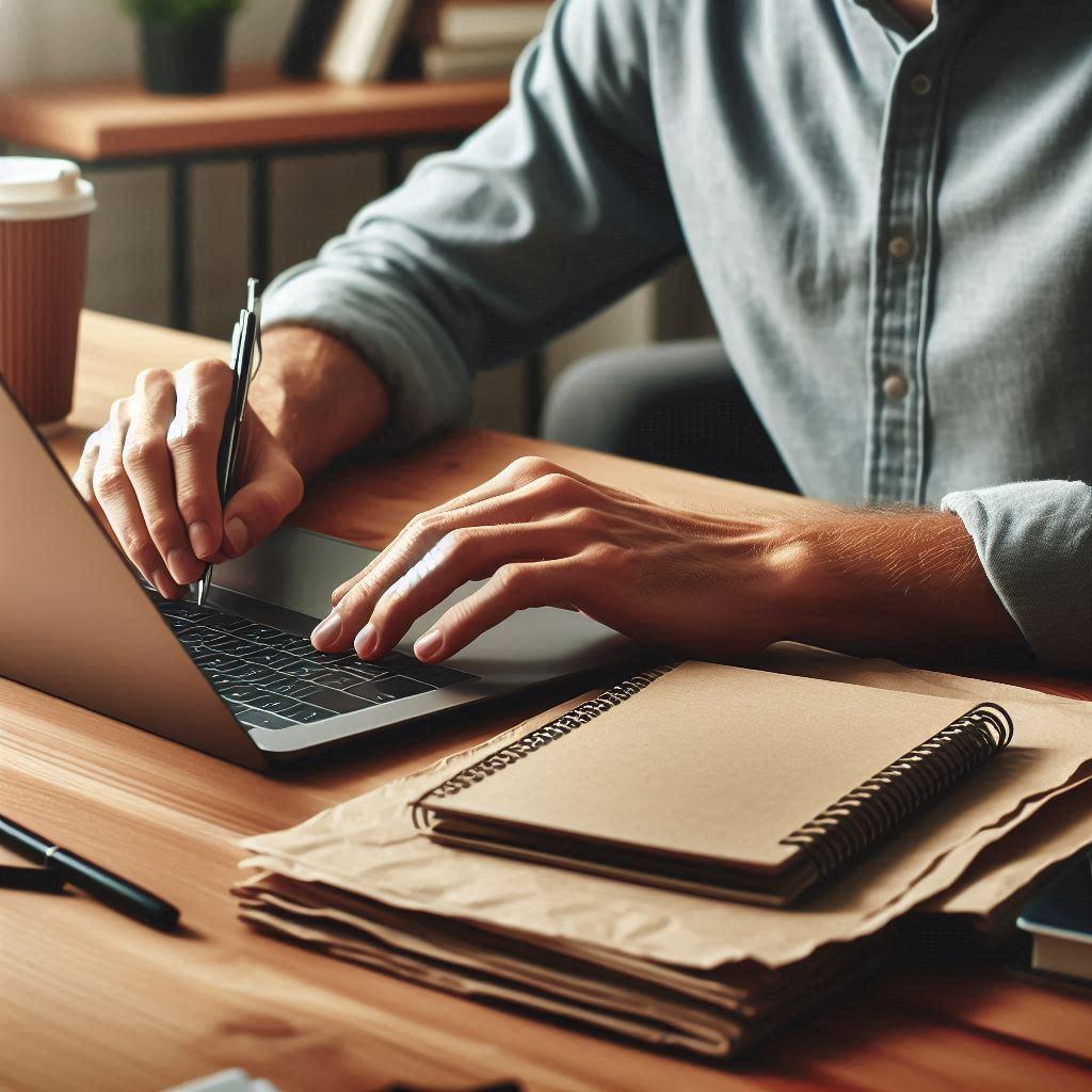 A person sitting at a desk with a laptop, focusing on drafting a professional email