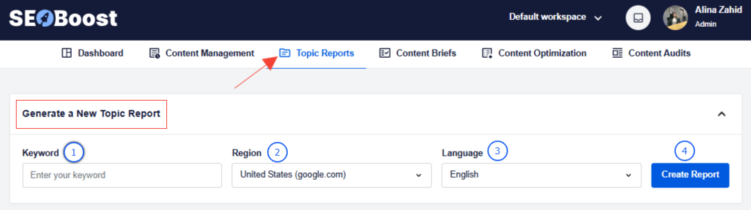 A snapshot of how to create a new topic report in SEOBoost's Topic Reports feature