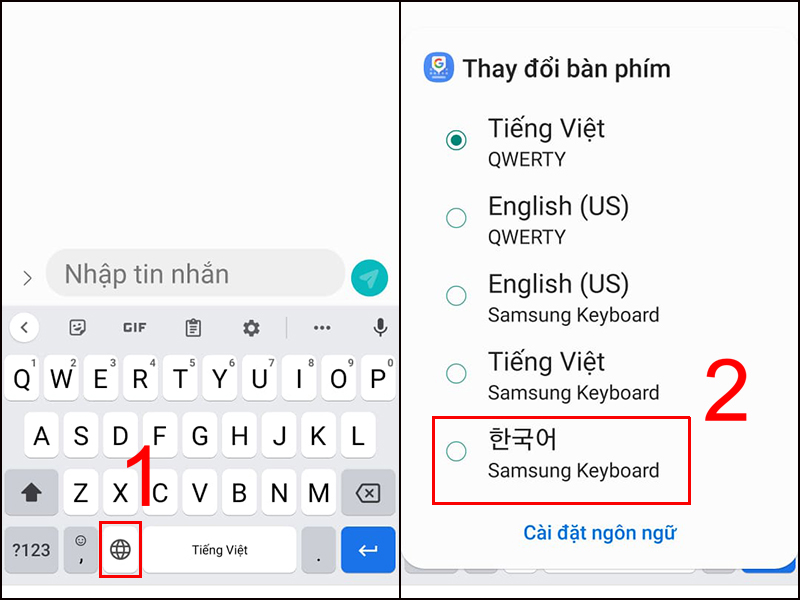 Nhấn giữ biểu tượng quả địa cầu, chọn 한국어