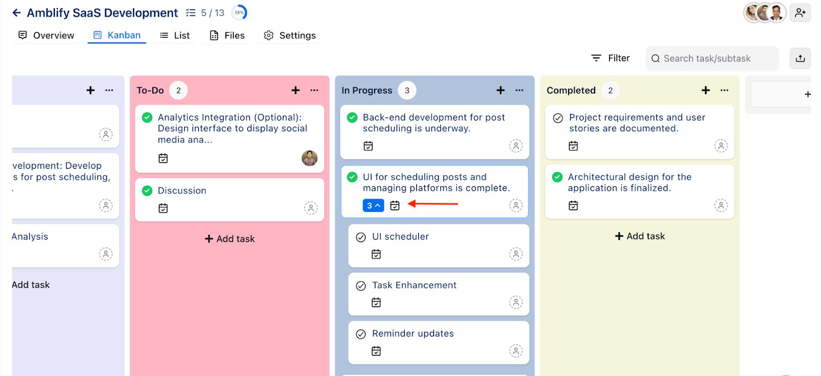 Kanban feature in OneSuite with sub-tasks