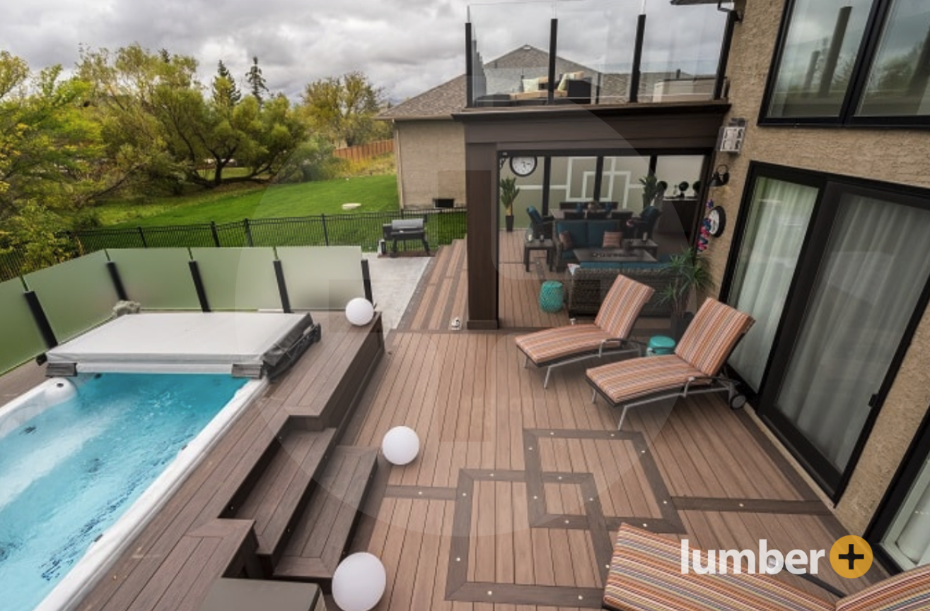 Round bulb lights showcase chic deck lighting ideas around the pool.