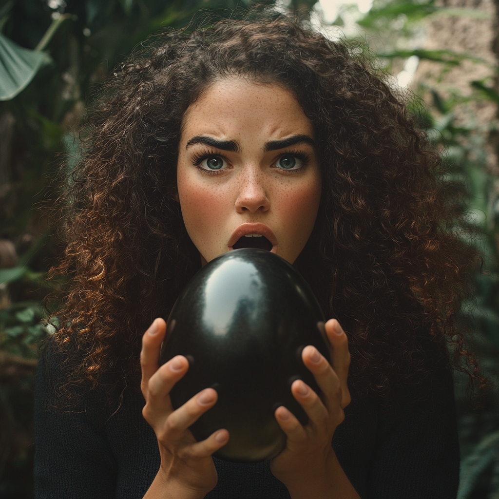 A shocked woman holding a big black egg | Source: Midjourney