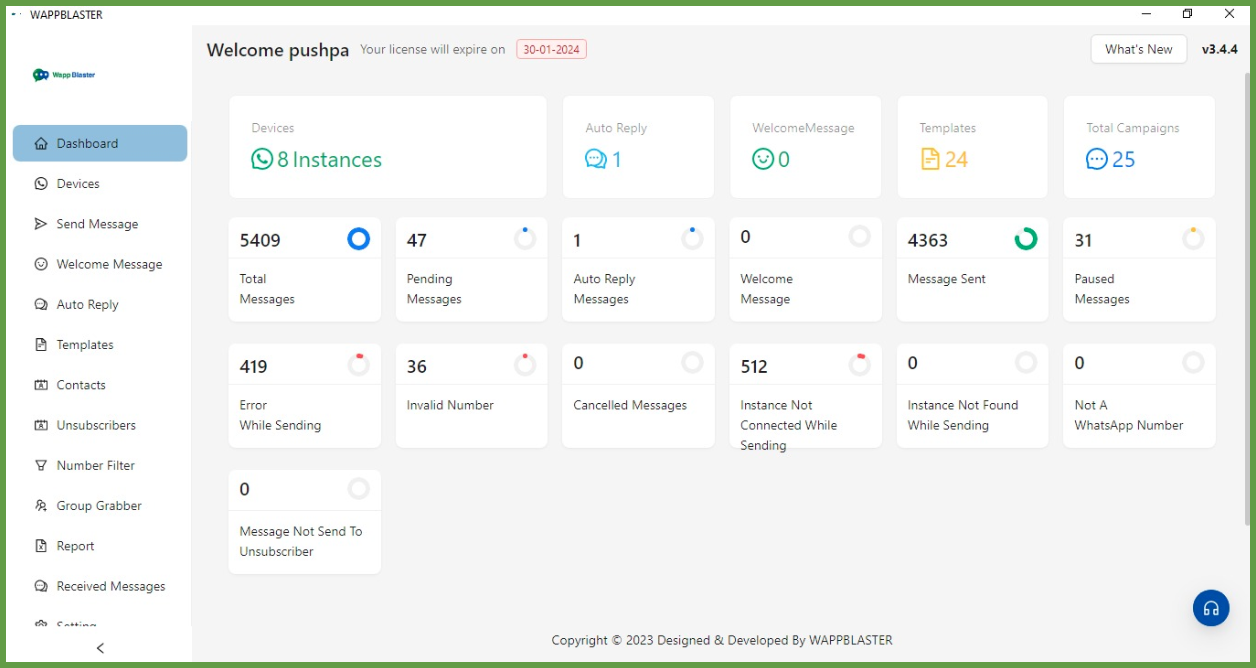 Dashboard of WappBlaster