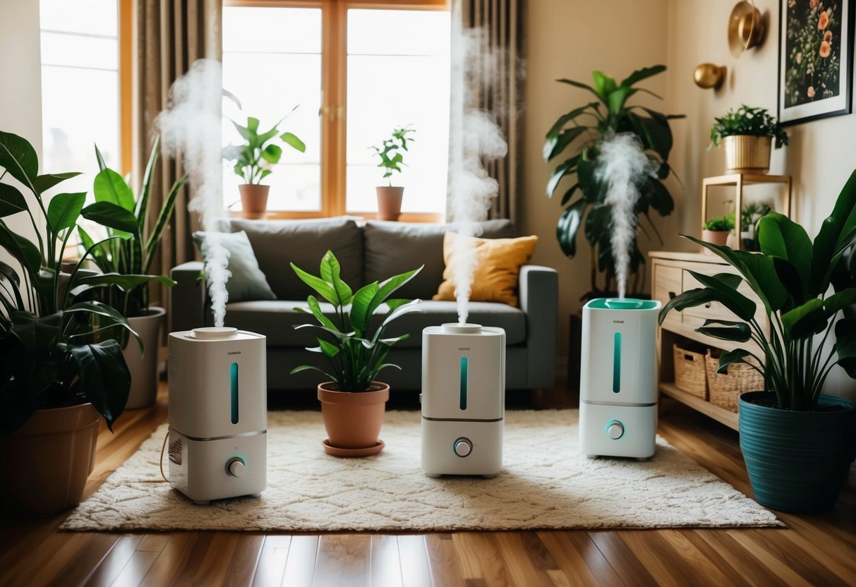 A cozy living room with several houseplants surrounded by humidifiers, creating a warm and moist environment