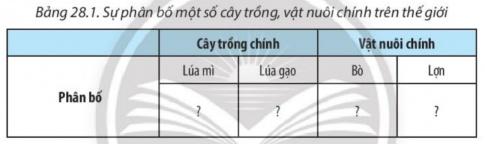 I. Đọc bản đồ phân bố ngành nông nghiệp thế giớiCâu 1: Dựa vào hình 26.1 (Phân bố một số cây trồng chính) và hình 26.2 (Phân bố một số vật nuôi chính), em hãy xác định sự phân bố một số cây trồng, vật nuôi chính trên thế giới theo gợi ý từ bảng 28.1.Giải nhanh: Cây trồng chínhVật nuôi chínhPhân bốLúa gạoLúa mìBòLợnTrung Quốc, Ấn Độ, In-đô-nê-xi-a, Băng-la-đét, Việt Nam, Thái Lan,...Trung Quốc, Ấn Độ, Liên bang Nga, Hoa Kỳ, Pháp, Ca-na-da,.. Các nước sản xuất nhiều thịt và sữa bò là Hoa Kỳ, Bra-xin, các nước EU, Trung Quốc, Ác-hen-ti-na,...Trung Quốc, Hoa Kỳ, Bra-xin, Việt Nam, Tây Ban Nha, CHLB Đức,... II. Vẽ biểu đồ