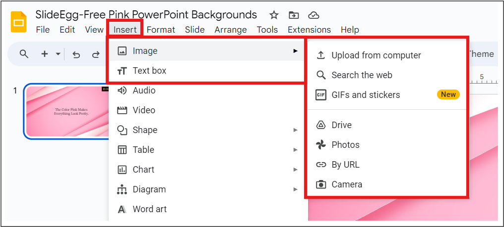 Google Slides interface, showing Insert Text box option and Insert Image from various sources option. 