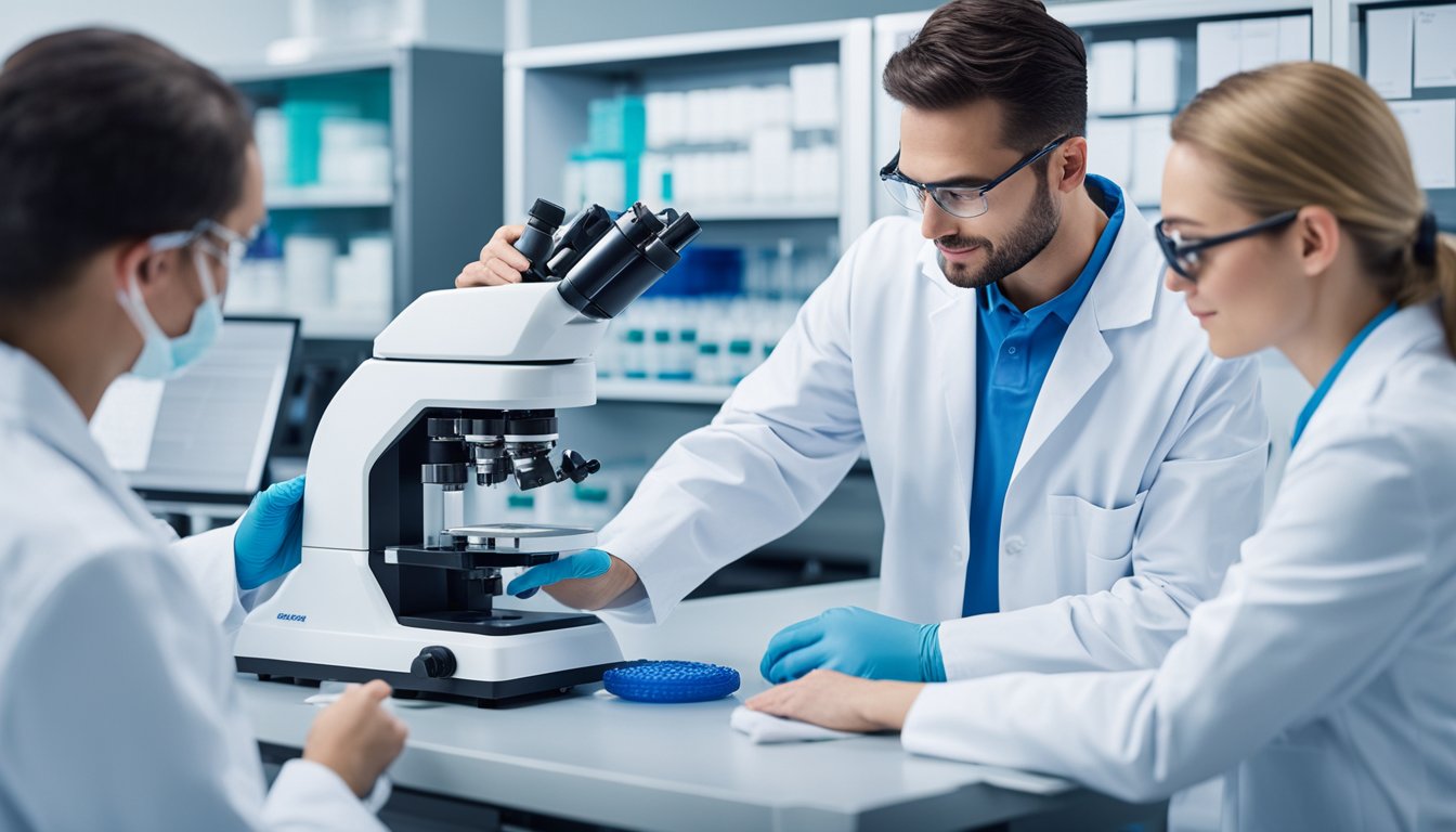 A laboratory setting with scientists analyzing xylooligosaccharide samples using advanced equipment and taking notes for market analysis