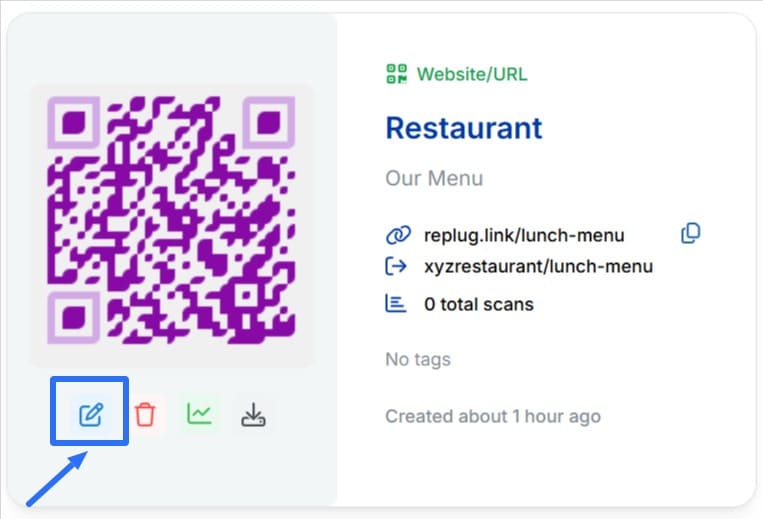 Click on the pen icon to edit your QR code
