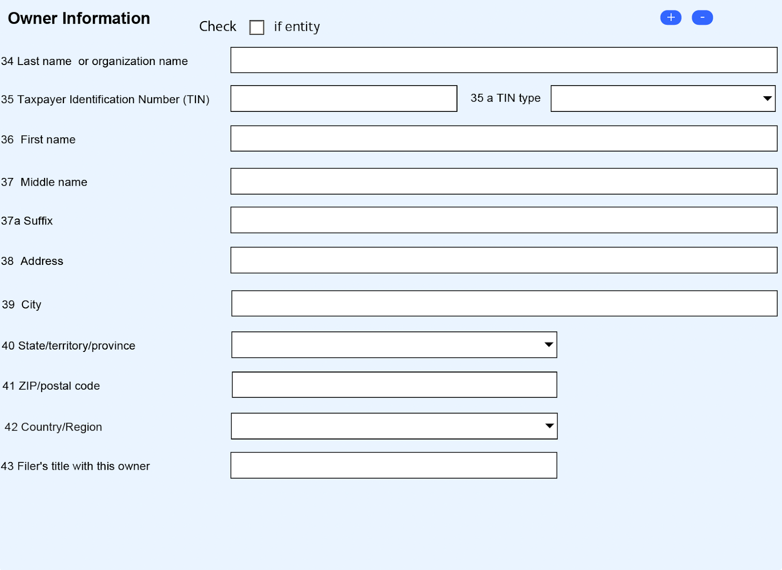 A screenshot of the "Owner Information" section of Part IV: Information on Financial Account(s) Where Filer has Signature or Other Authority but No financial Interest in the Account(s) on the FBAR.