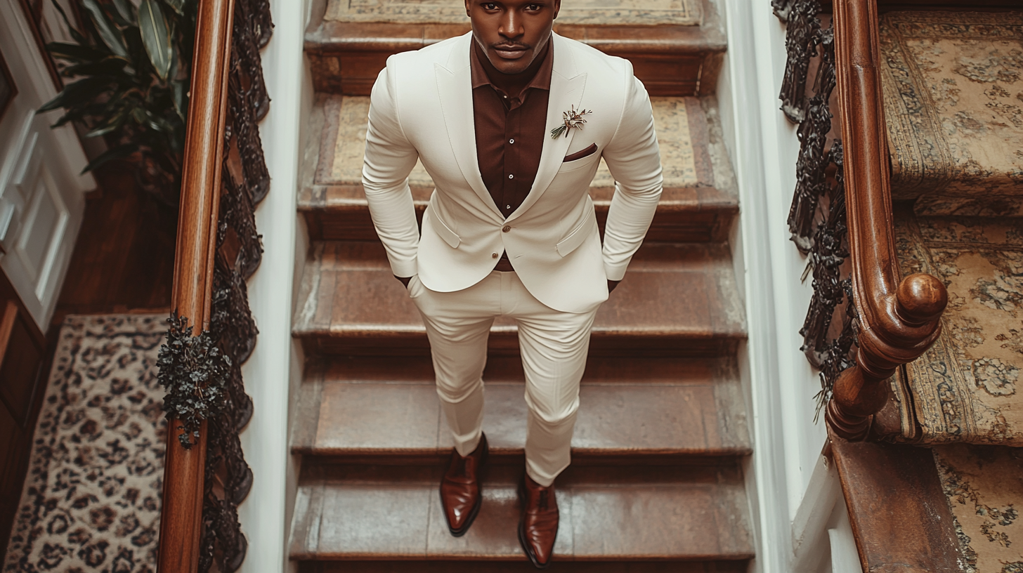 A man in a refined white suit paired with a dark brown shirt and matching brown shoes, exuding rich sophistication. This ensemble is perfect for dinner parties or formal gatherings, offering a warm, elegant contrast to the bright white suit. The groom or guest stands in a stylish, upscale setting, capturing the essence of modern elegance with the deep, rich tones of brown against the crisp white. The outfit is complete with subtle accessories, creating an overall sophisticated look perfect for any formal evening event.