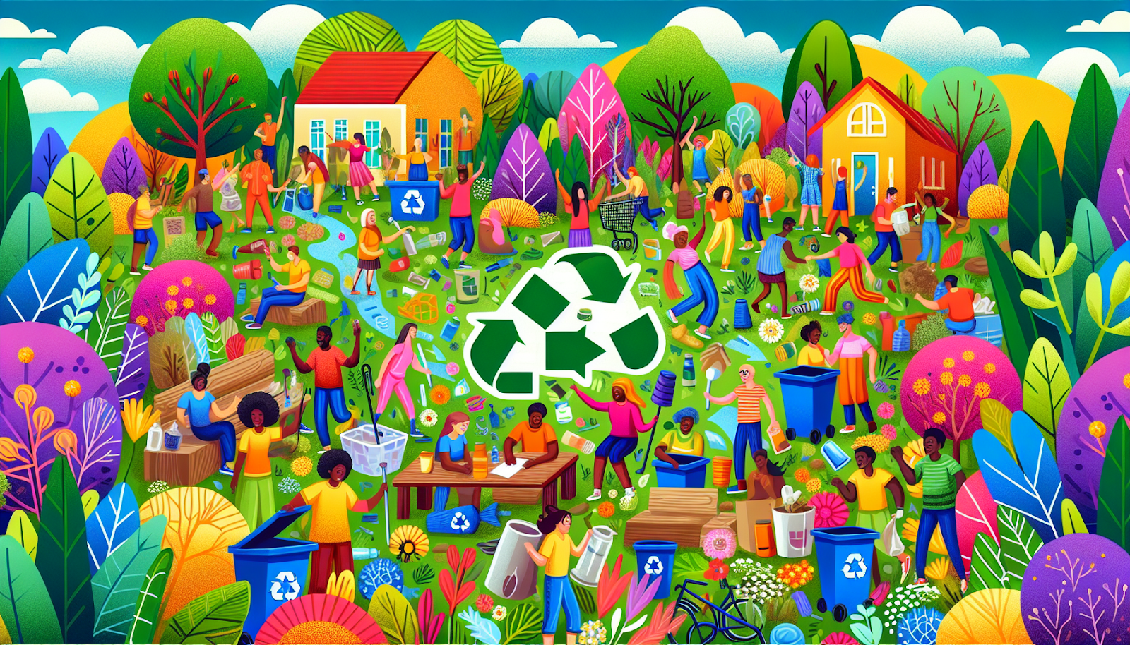 An illustration representing various sustainability initiatives and recycling efforts.