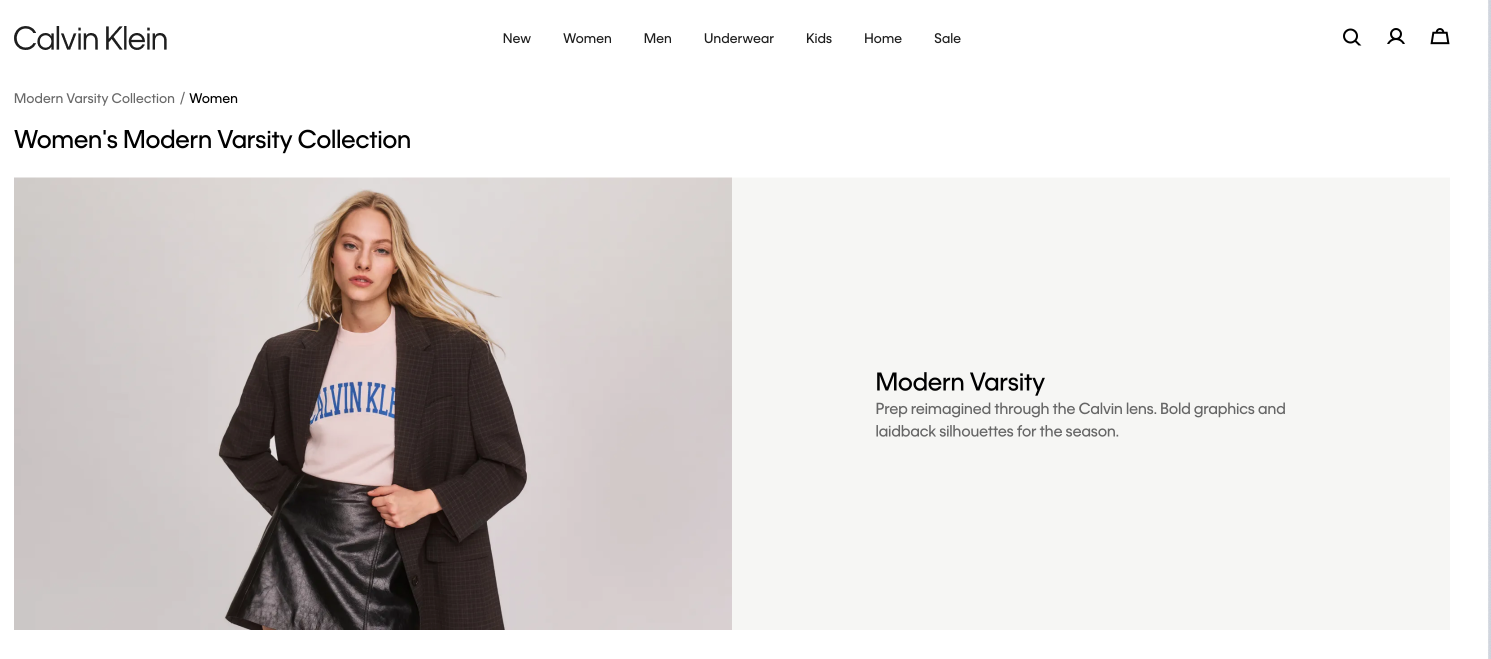 Calvin Klein’s landing page is different from the home page