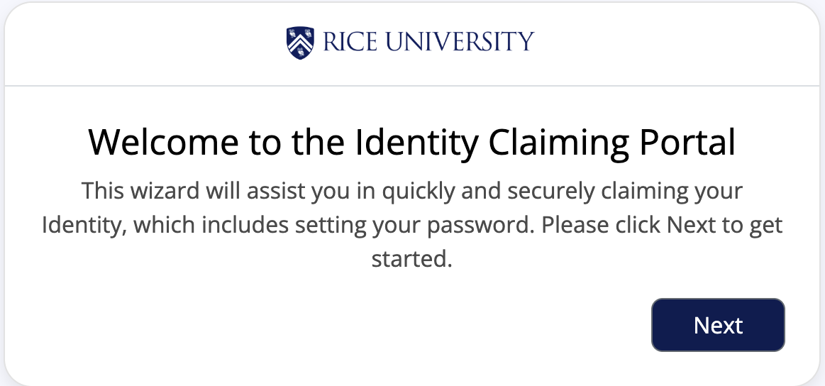 screenshot of the initial view of the Identity Claiming Portal