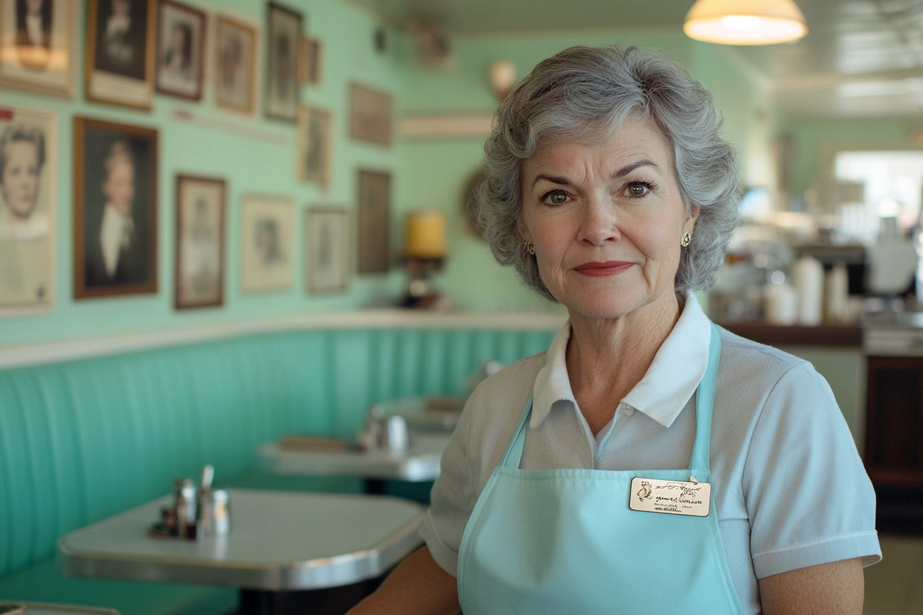 Woman in her 50s wearing a waitress uniform in a café frowning and lingering by a booth | Source: Midjourney