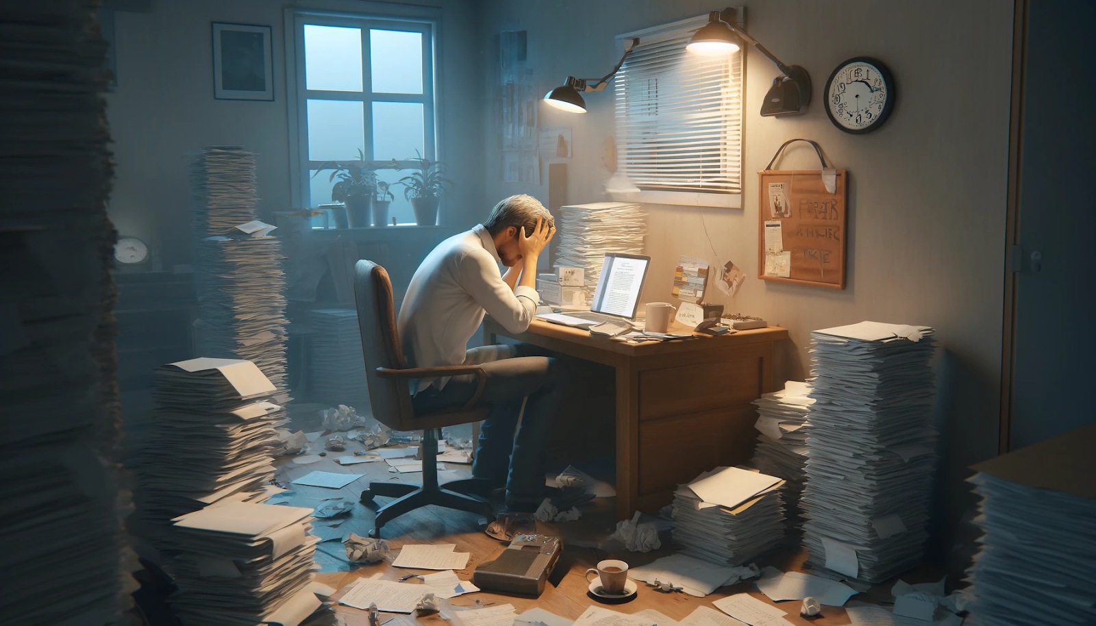 A stressed writer sits at a cluttered desk, surrounded by towering stacks of paper, crumpled drafts, and a glowing laptop in a dimly lit room.