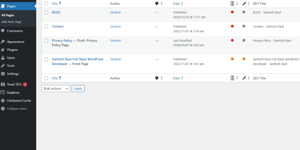 wordpress page dashboard