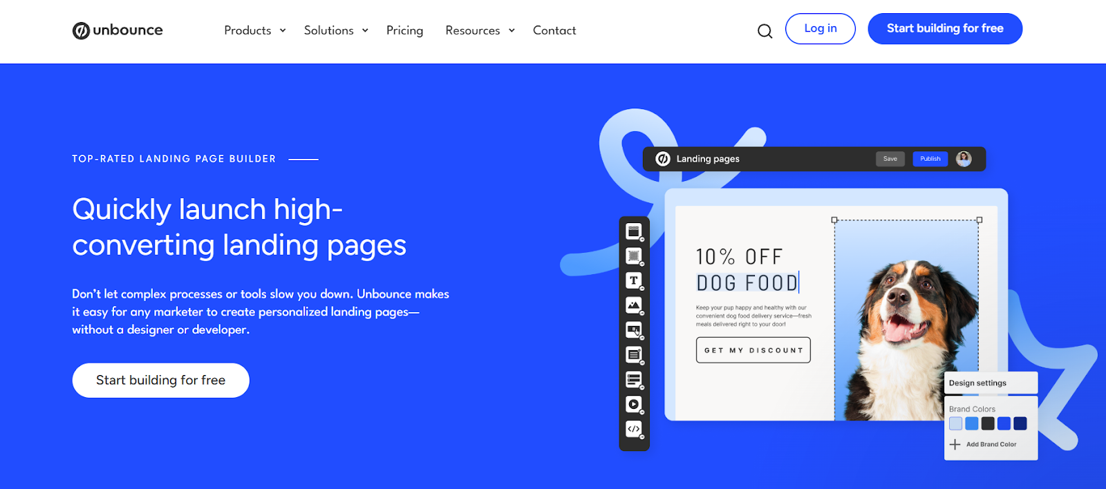 Image showing the Unbounce home page to quickly launch high-converting landing pages