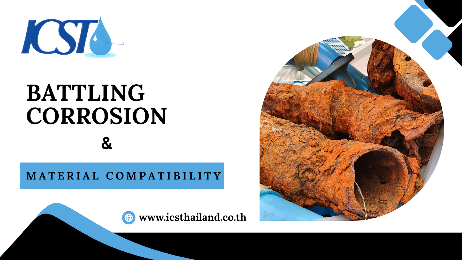 Rusty metal pipes stacked on a blue surface, promoting corrosion solutions by ICST.  - icsthailand.co.th/