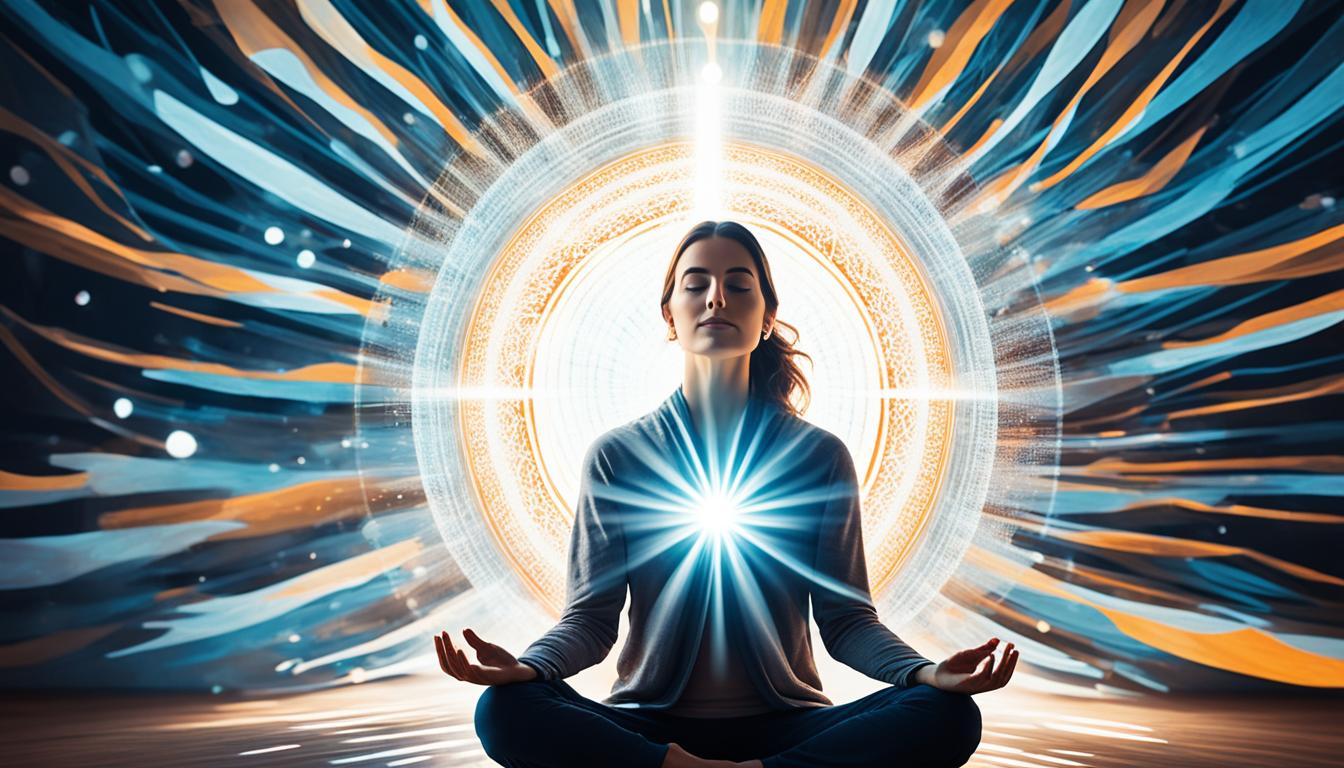 A visually striking image of a person meditating in front of a glowing orb, surrounded by rays of light that shine out towards the viewer. The person's face is serene and focused, and their hands are clasped together at their heart center in a gesture of openness and receptivity. In the background, there are abstract shapes and patterns that suggest the flow of energy and possibility. All around the person, there are affirmations for manifestation written in bold letters, floating in the air like sparkling stars. The colors are warm and vibrant, representing the abundance and joy that come with manifesting one's desires.