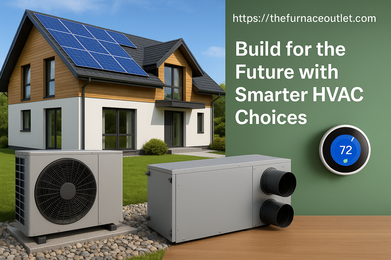 A promotional digital graphic for thefurnaceoutlet.com features a modern net-zero home with rooftop solar panels, an air-source heat pump, energy recovery ventilator, and smart thermostat, emphasizing smarter HVAC choices for a sustainable futur