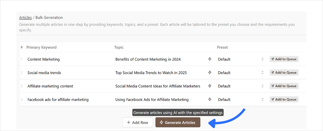 Start bulk article generation