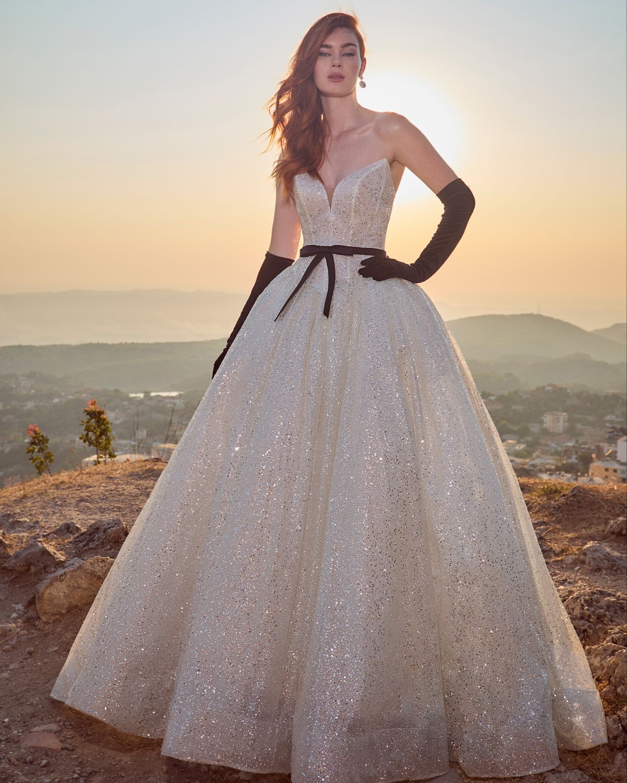 Strapless Sparkly Wedding Dress with Gloves and a Black Bow