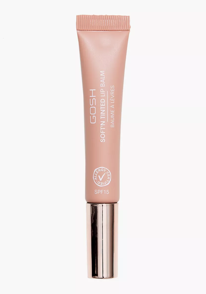 Beige tube of GOSH Soft’n Tinted Lip Balm with SPF15 and allergy-certified label.