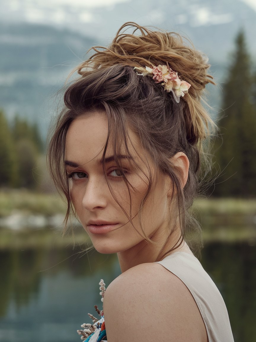 29. Tousled High Bun with Floral Pin