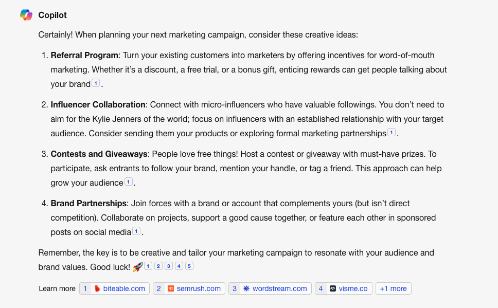 Alt: Copilot answering Tell me in a few sentences what I should use for my next marketing campaign.