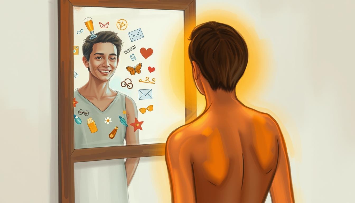 An image of a person standing in front of a mirror, looking at themselves with admiration and acceptance. The person should have a slight smile on their face and their body language should convey confidence and self-assuredness. The mirror should reflect back an image of the person surrounded by symbols of their passions and hobbies, representing the things that make them unique and fulfilled. There should be a warm glow surrounding the person, representing the positive energy and love they are radiating towards themselves.