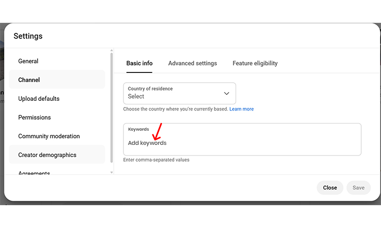 youtube specific section to add keywords