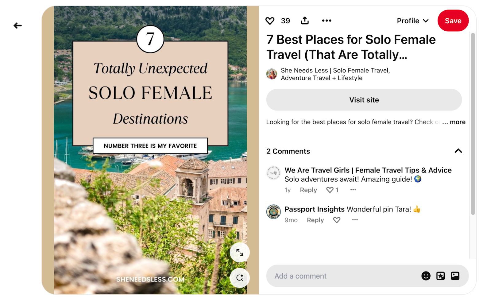 Pinterest post with comments / Pinterest engagement features