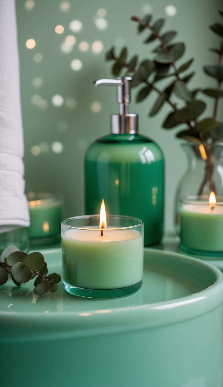 A serene green bathroom with eucalyptus-scented soy candles, creating a calming atmosphere