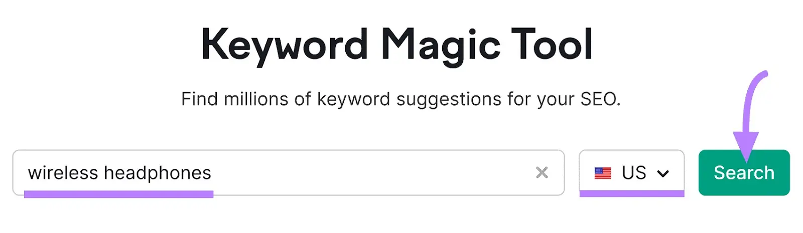 "wireless headphones" entered into the Keyword Magic Tool search bar