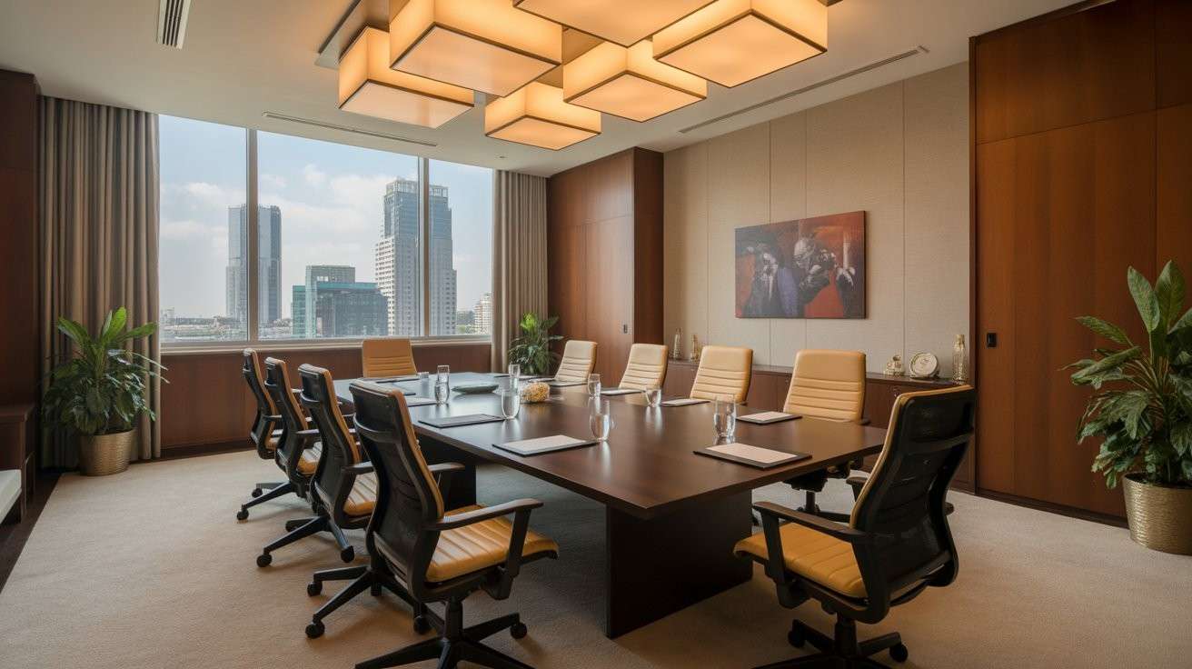Luxurious corporate boardroom in Bangalore featuring premium interior design with city views